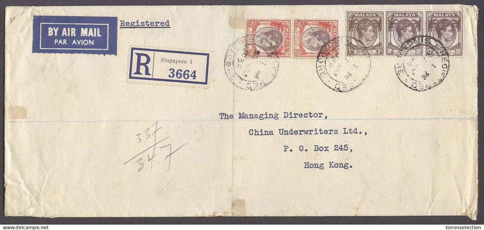 STRAITS SETTLEMENTS SINGAPORE. 1938 (27 June). Singapore 1 - HK (30 June). Reg Air Multifkd Env 75c Rate. Premium Item. - Singapore (1959-...)