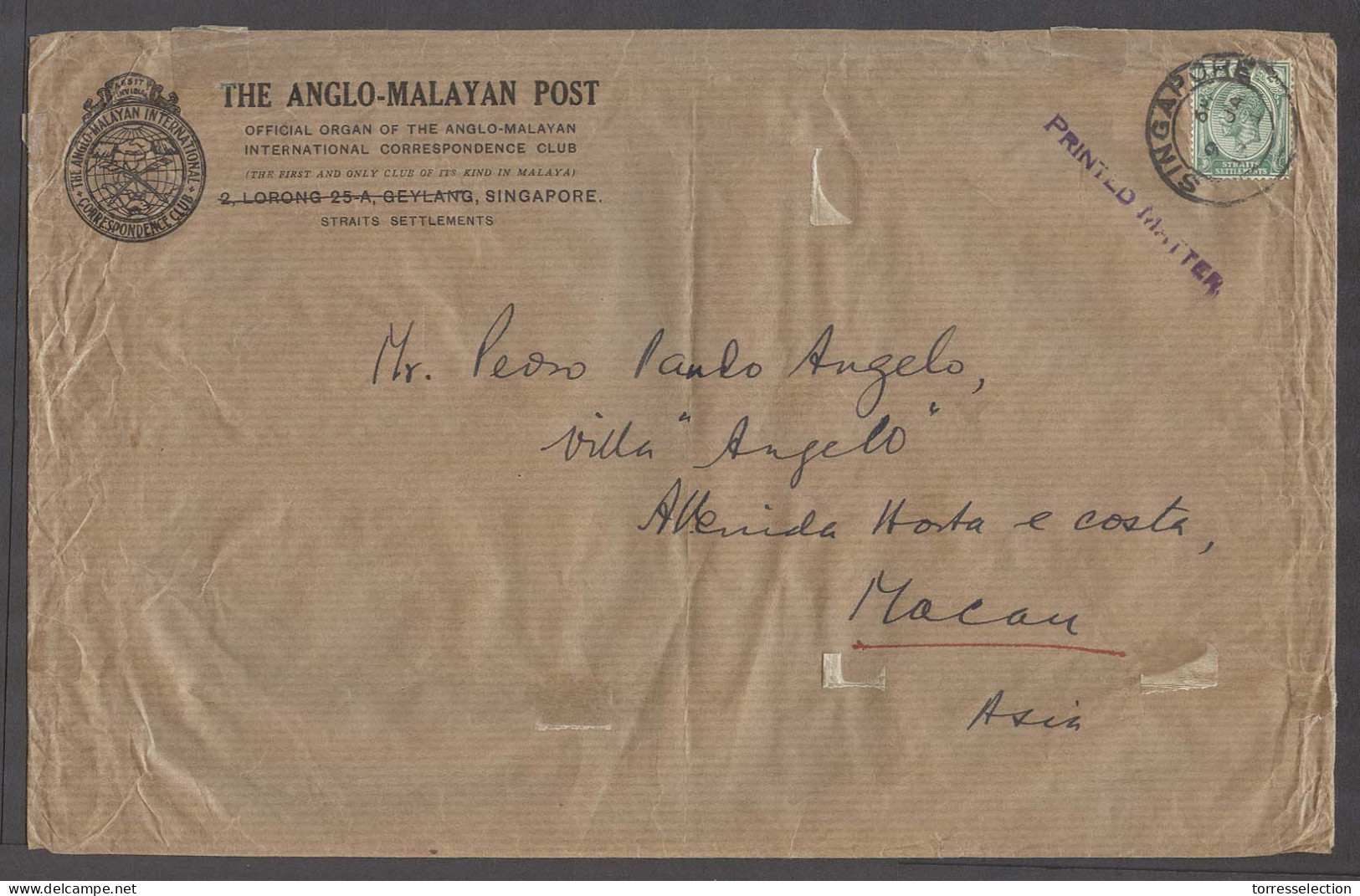 STRAITS SETTLEMENTS SINGAPORE. 1934 (9 Jan). Singapore - Macau, Asia (14 Jan). PM Unsealed Env Fkd Single 2c Cds. Scarce - Singapore (1959-...)