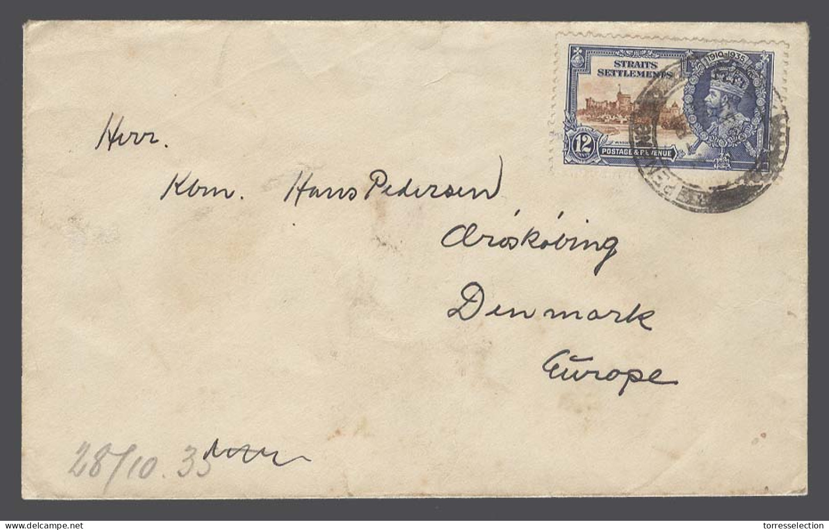 STRAITS SETTLEMENTS SINGAPORE. 1935 (28 Oct). Penang - Denmark. 12c Single Fkd Env Dest. - Singapore (1959-...)