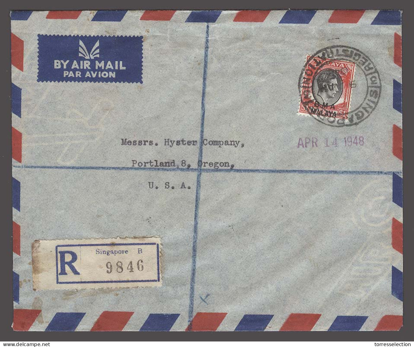 STRAITS SETTLEMENTS SINGAPORE. 1948 (9 Aug). BMA. Sing - USA (13-14 April). Air Reg Fkd Env Single 1$ Strip. Via NY - Po - Singapore (1959-...)