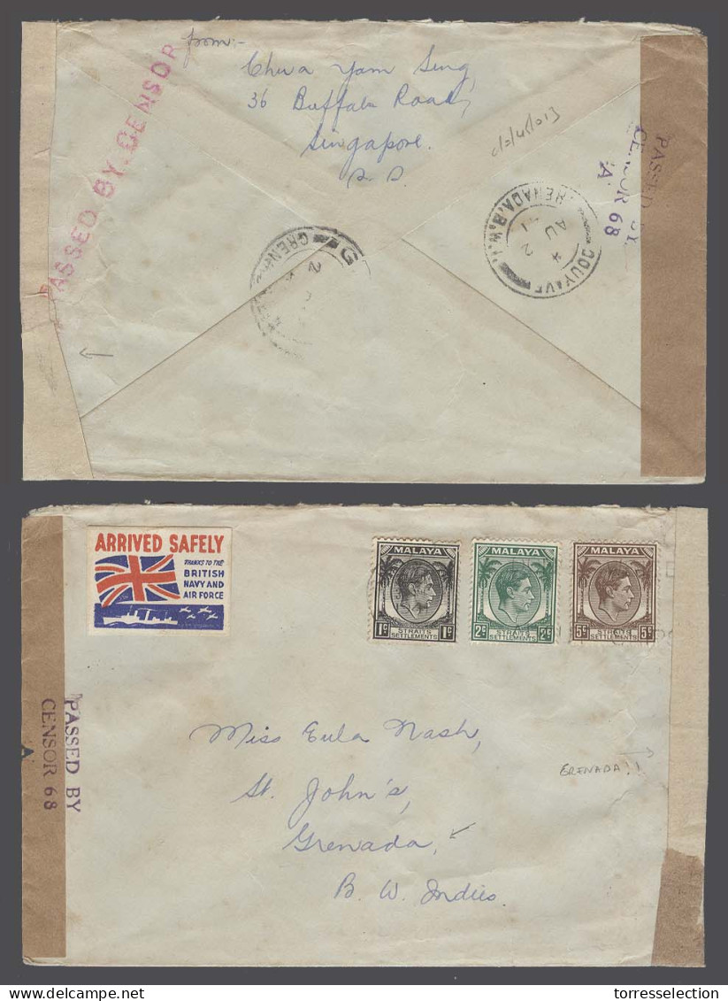 STRAITS SETTLEMENTS SINGAPORE. 1941 (30 June). Singapore - Grenada / British Caribbe (2 Aug). Comercial Fkd Env Slogan L - Singapore (1959-...)