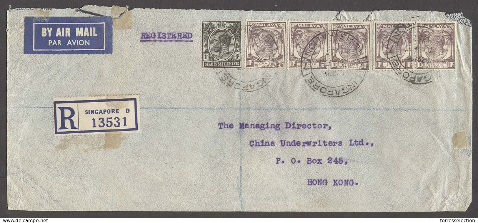 STRAITS SETTLEMENTS SINGAPORE. 1937 (13 Feb). Singapore D - HK (19 Feb). Reg Airmail Multifkd Env 51c Rate. Fine. - Singapore (1959-...)