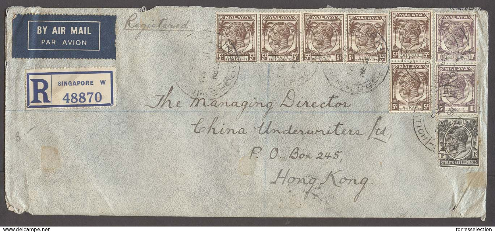 STRAITS SETTLEMENTS SINGAPORE. 1936 (15 Aug). Singapore W - HK (18 Aug). Reg Air Multifkd Env 41c Rate. Fine Usage. - Singapore (1959-...)