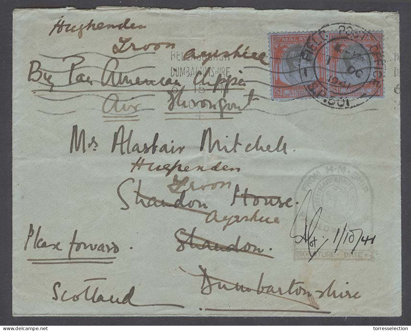STRAITS SETTLEMENTS SINGAPORE. 1941 (1 Oct). Filed PO / SP 501 - UK / Scotland (27 Oct). Air Pacific American Clipper $2 - Singapore (1959-...)
