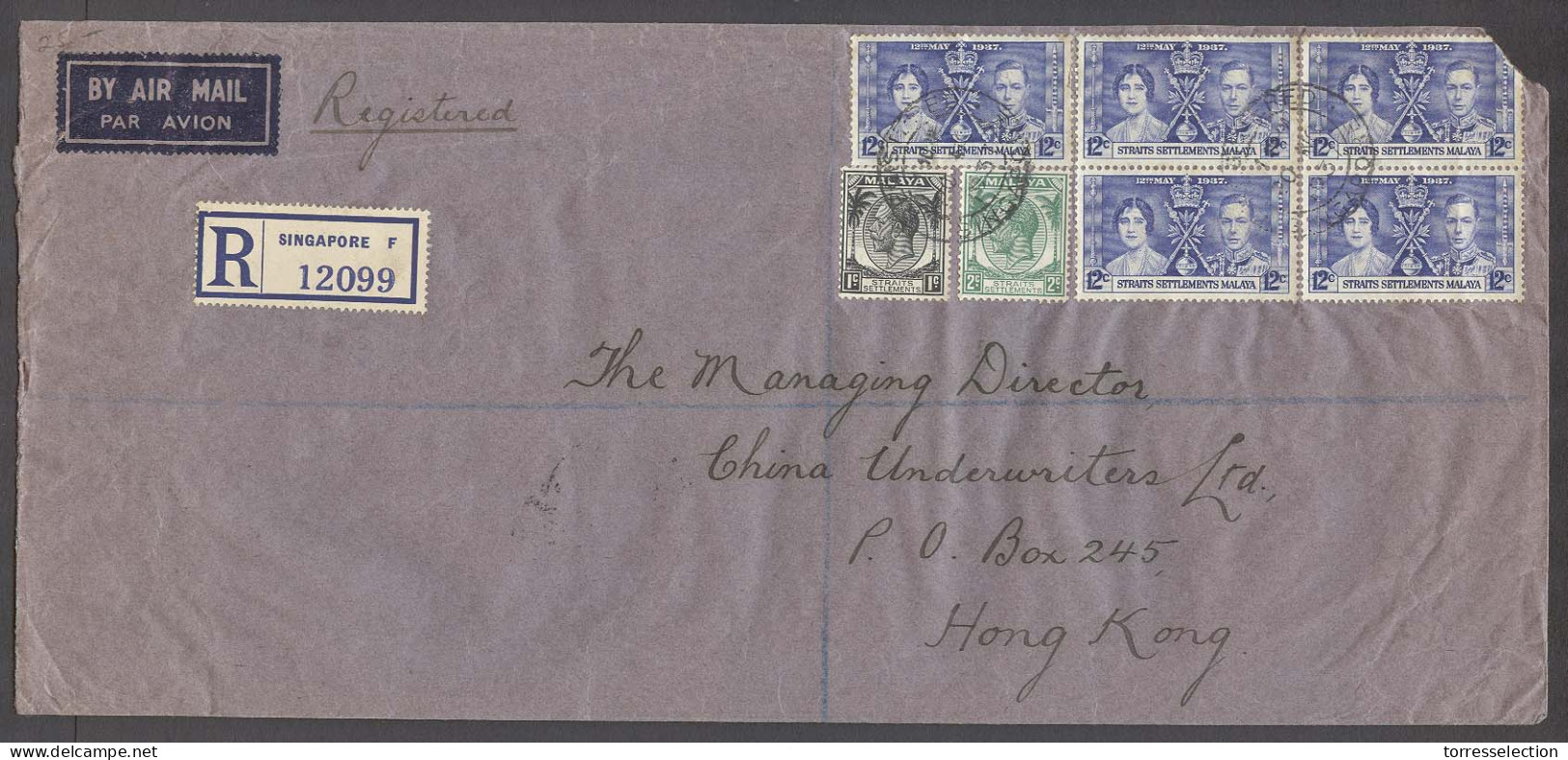 STRAITS SETTLEMENTS SINGAPORE. 1937 (20 Nov). Sing 1 - HK (23 Nov). Reg Air Multifkd Env 63c Rate Coronation Issue. - Singapore (1959-...)