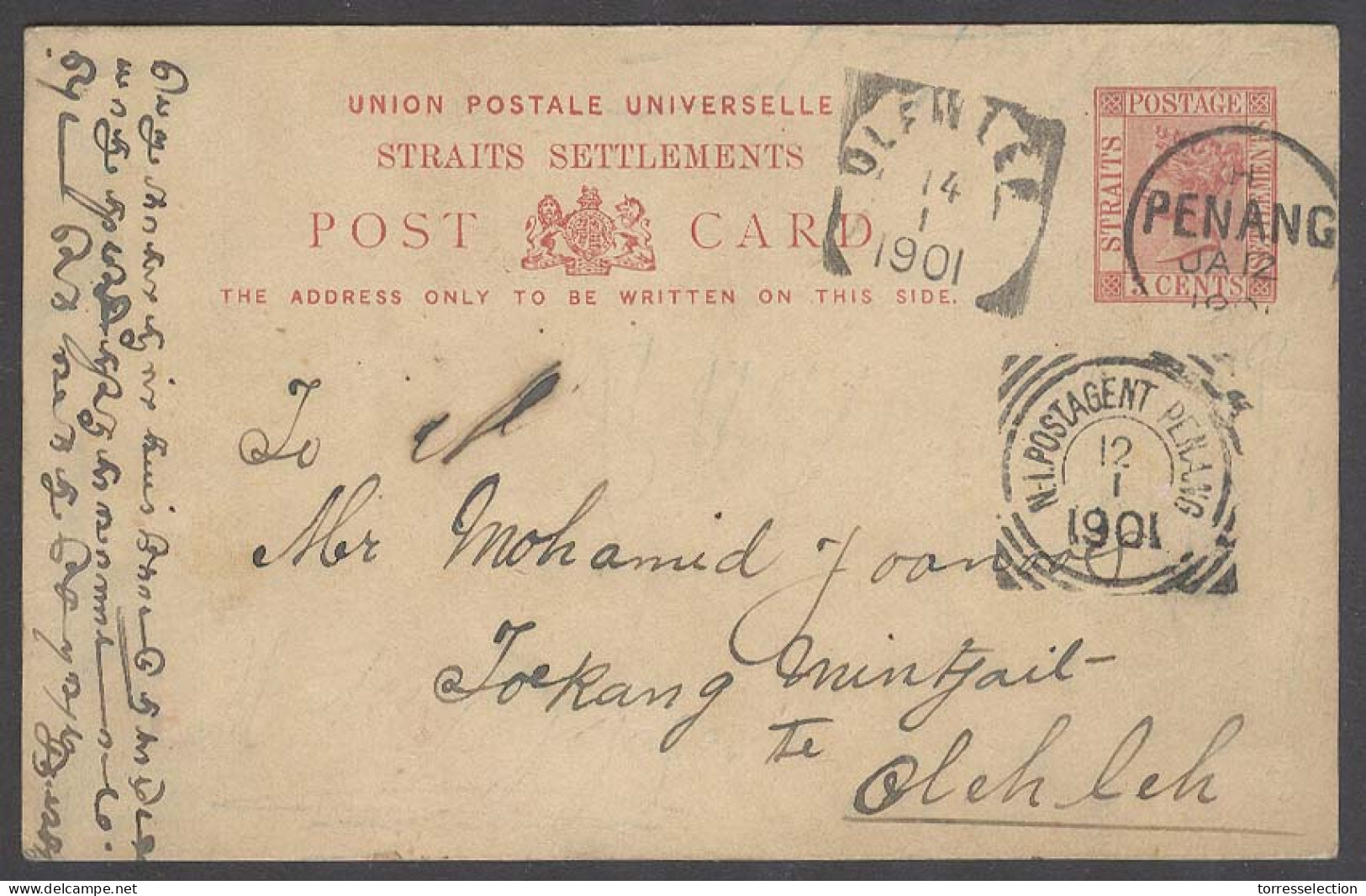 STRAITS SETTLEMENTS SINGAPORE. 1901 (12 Jan). Penang - Dutch Indies / Jokang. 3c Red Stat Card + Transits On Front / Cds - Singapore (1959-...)