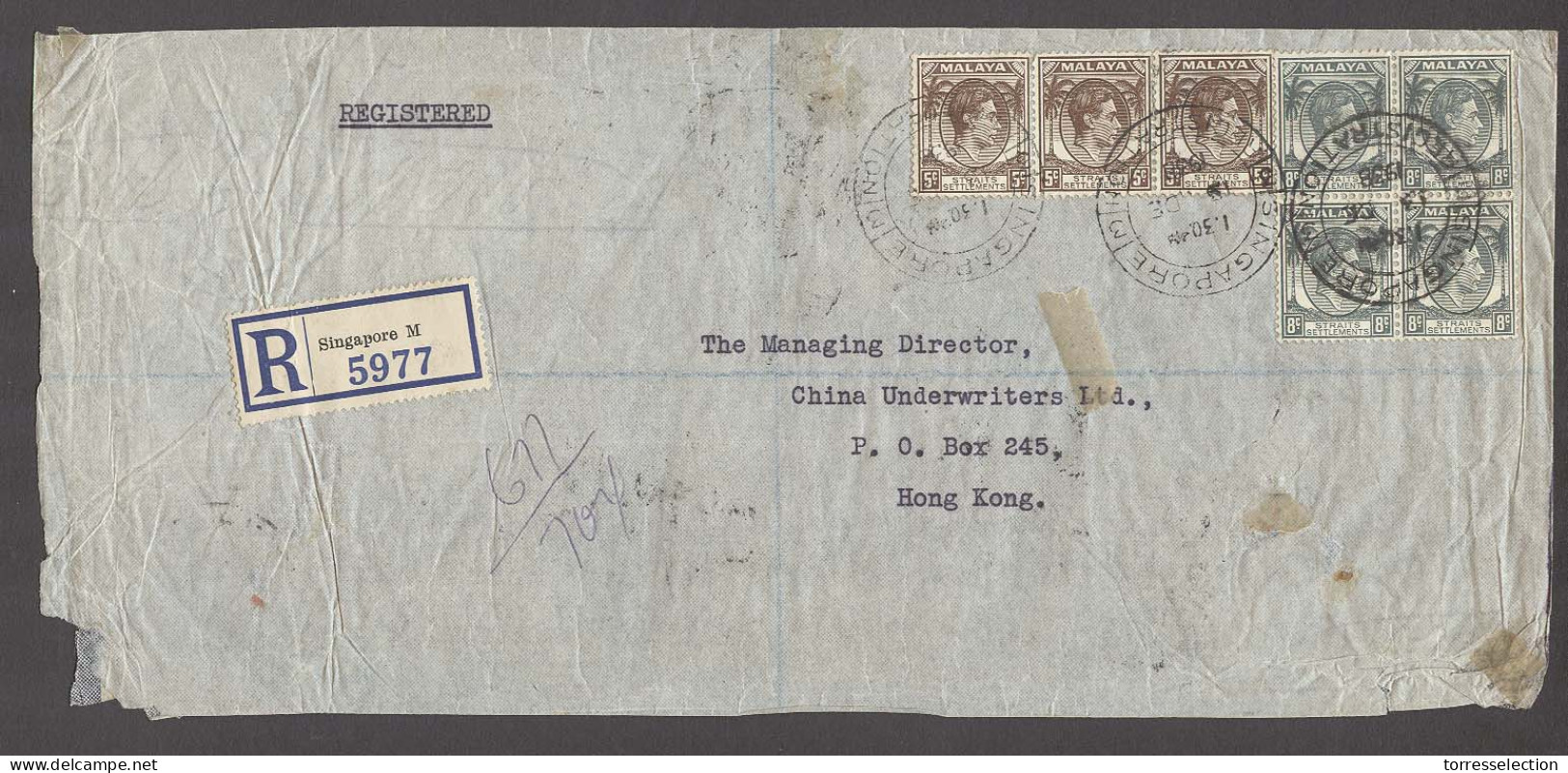STRAITS SETTLEMENTS SINGAPORE. 1938 (13 Dec). Singapore M - HK. Reg Mutifkd Env 47c Incl 8c Block Of Four. V Nice Usage. - Singapore (1959-...)