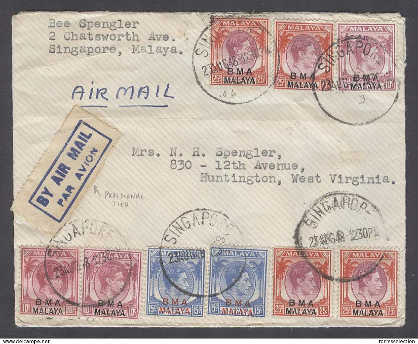 STRAITS SETTLEMENTS SINGAPORE. 1948 (23 Aug). Sing - USA / West Virginia. Airmail Multifkd Ovptd BMA / Malaya Env. Provi - Singapore (1959-...)
