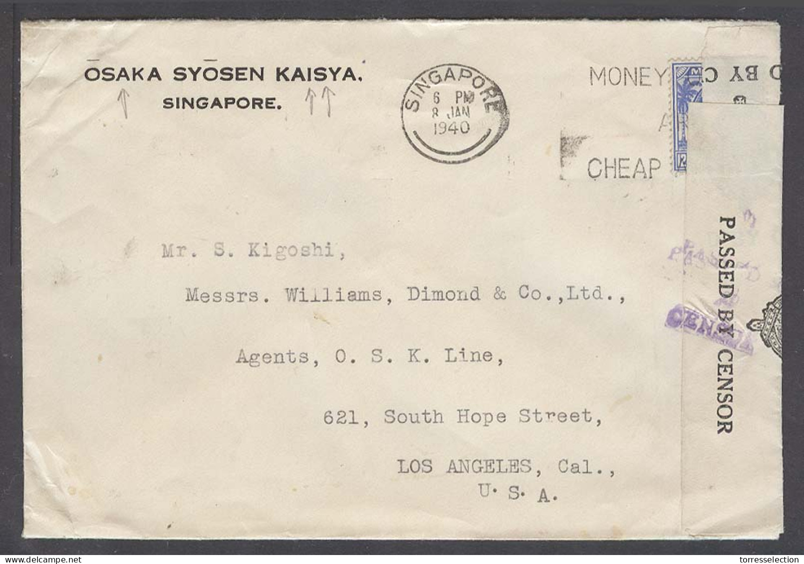 STRAITS SETTLEMENTS SINGAPORE. 1940 (8 Jan). Sing - USA / LA. Japanese Cº Pre WW II Osaka Syosen Kaisya. Fkd Env Depart  - Singapore (1959-...)