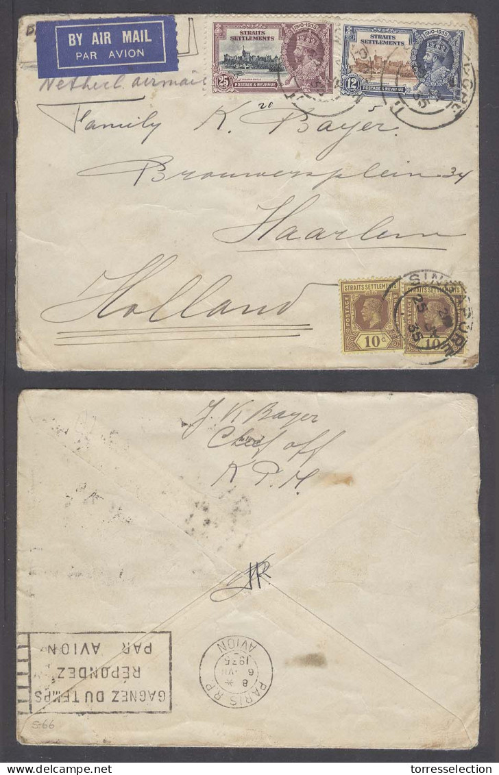 STRAITS SETTLEMENTS SINGAPORE. 1935 (25 April). Sing - Netherlands. Reverse Trans Paris Air By Dutch Air Label Multifkd  - Singapore (1959-...)