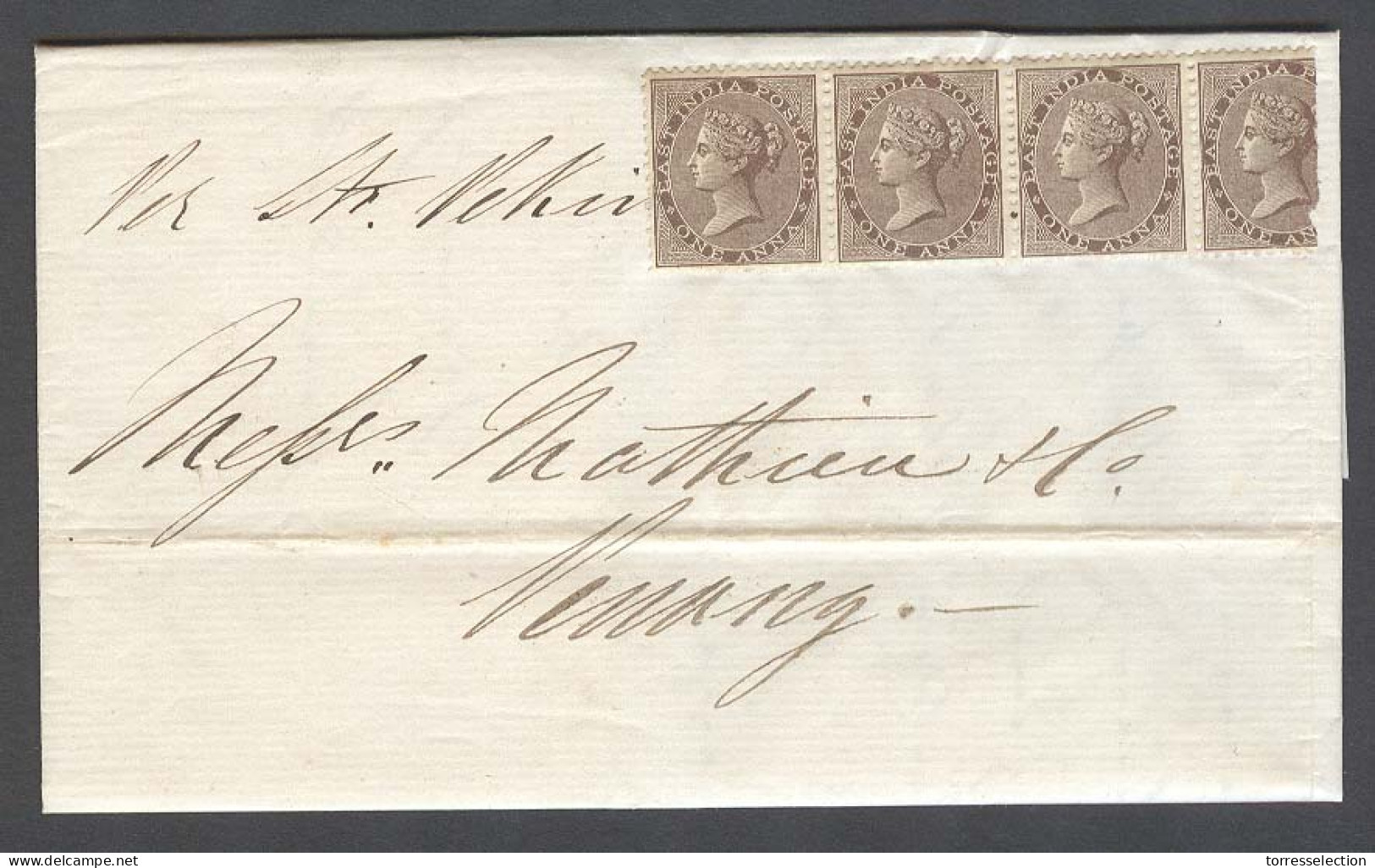 STRAITS SETTLEMENTS SINGAPORE. 1861 (21 Sept). India Used In Singapore. Fkd EL Full Contains Fkd India 1 Anna Strip Of F - Singapour (1959-...)