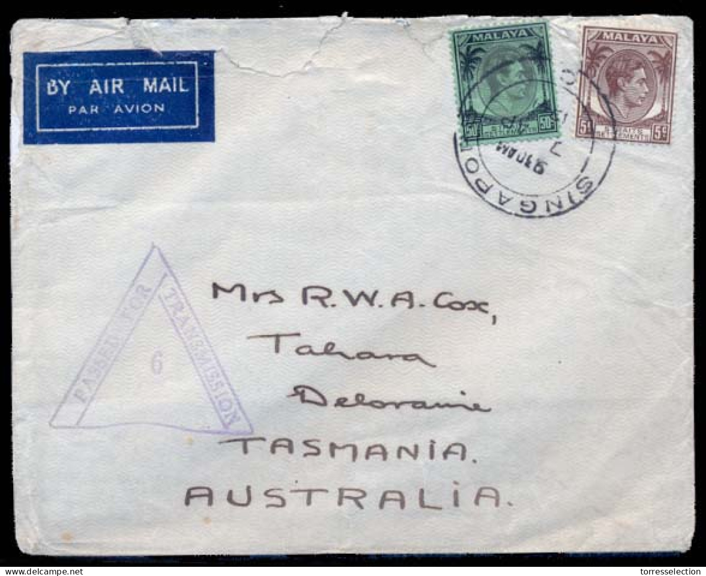 STRAITS SETTLEMENTS SINGAPORE. 1941 (7 April). Sing - Australia / Tasmania. Air Fkd Env Censored. 55c Rate. Fine. - Singapore (1959-...)