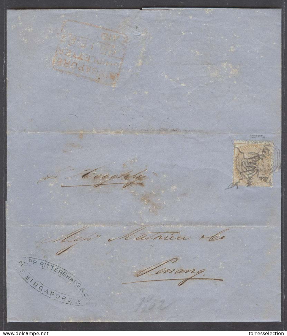 STRAITS SETTLEMENTS SINGAPORE. 1862 (27 Feb). India Used In Singapore. EL Fkd India 2 Anna Orange Tied Mns B-172 Per Ste - Singapore (1959-...)