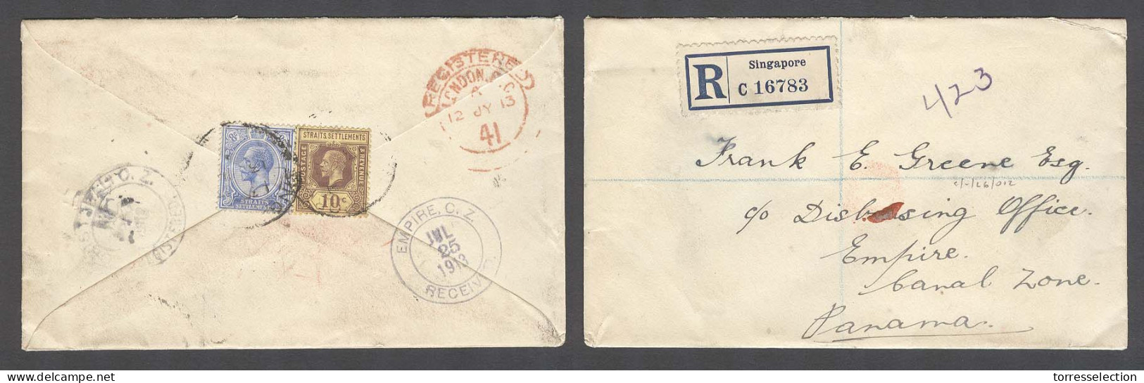 STRAITS SETTLEMENTS SINGAPORE. 1913. Sing - Canal Zone (25 July). Reverse Reg Fkd Env Via London (12 July). Mixed Issues - Singapore (1959-...)