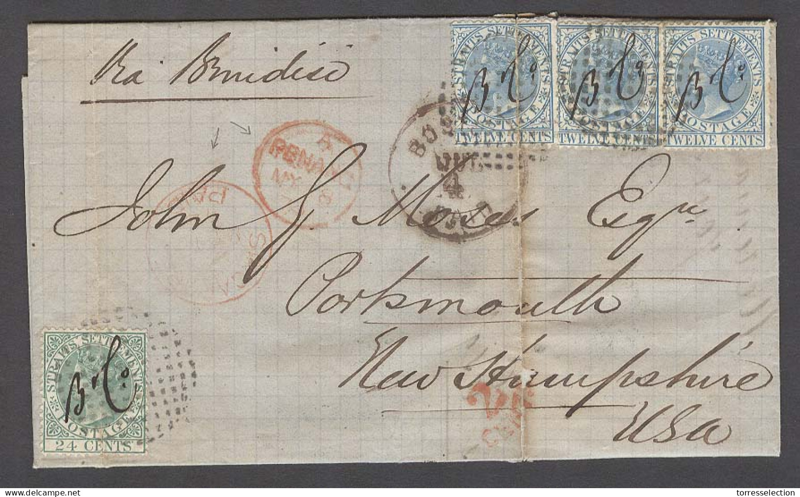 STRAITS SETTLEMENTS SINGAPORE. 1874 (16 May). Singapore - USA (4 July) / EL Full Contains Fkd 12c Blue (x3) + 24c Green  - Singapore (1959-...)