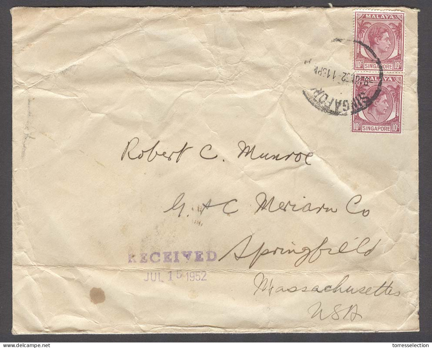 STRAITS SETTLEMENTS SINGAPORE. 1952 (9 June). Sing - USA (15 July). Env Fkd 10c Pair Cds. - Singapore (1959-...)