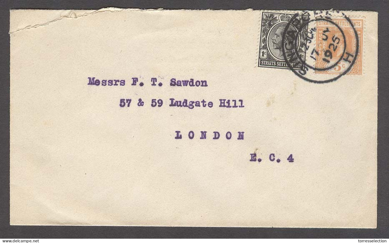 STRAITS SETTLEMENTS SINGAPORE. 1925 (17 July). Sing - UK. Fkd Env 6c Rate VF Mixed Issues. - Singapore (1959-...)