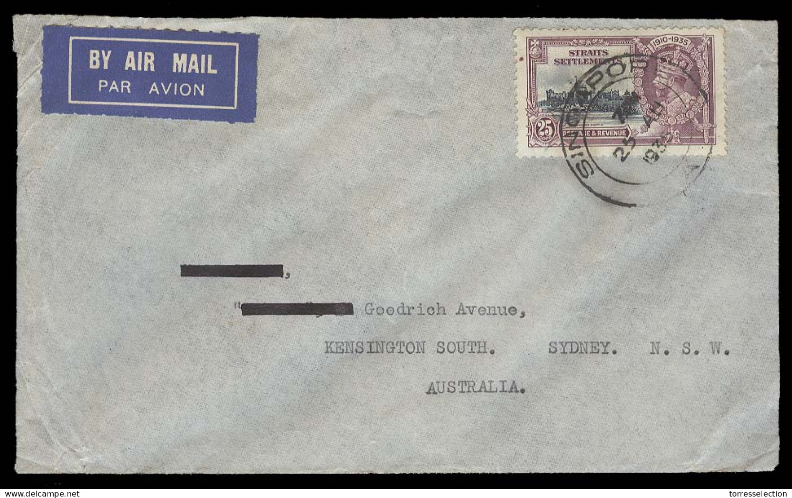 STRAITS SETTLEMENTS SINGAPORE. 1935 (25 Aug). Sing - Australia (30 Aug). Air Fkd Env Single 25c Coronation Arrival Cds. - Singapore (1959-...)