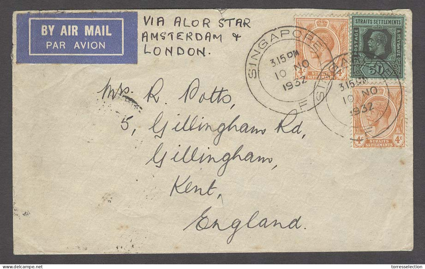 STRAITS SETTLEMENTS SINGAPORE. 1932 (10 Nov). Sing - UK / Kent. Air Fkd Env Via Alor Star - Amsterdam - London. 58cts Ra - Singapore (1959-...)