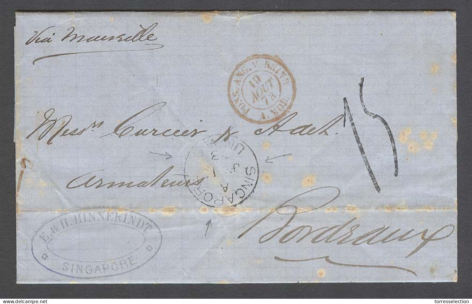 STRAITS SETTLEMENTS SINGAPORE. 1873 (5 July). Singapore - France (21 Aug). Stampless EL Full Text Refers New Caledonia S - Singapore (1959-...)