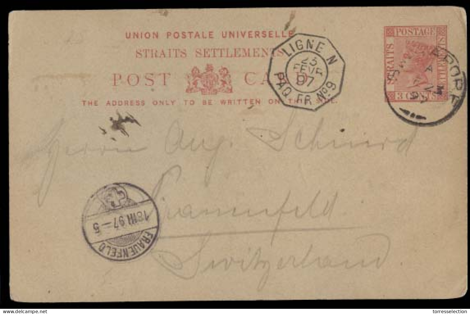 STRAITS SETTLEMENTS SINGAPORE. 1897 (23 Feb). Sing - Switzerland (18 March). 3c Red Stat Via French Pqbt Ligne N/nº9 + A - Singapore (1959-...)