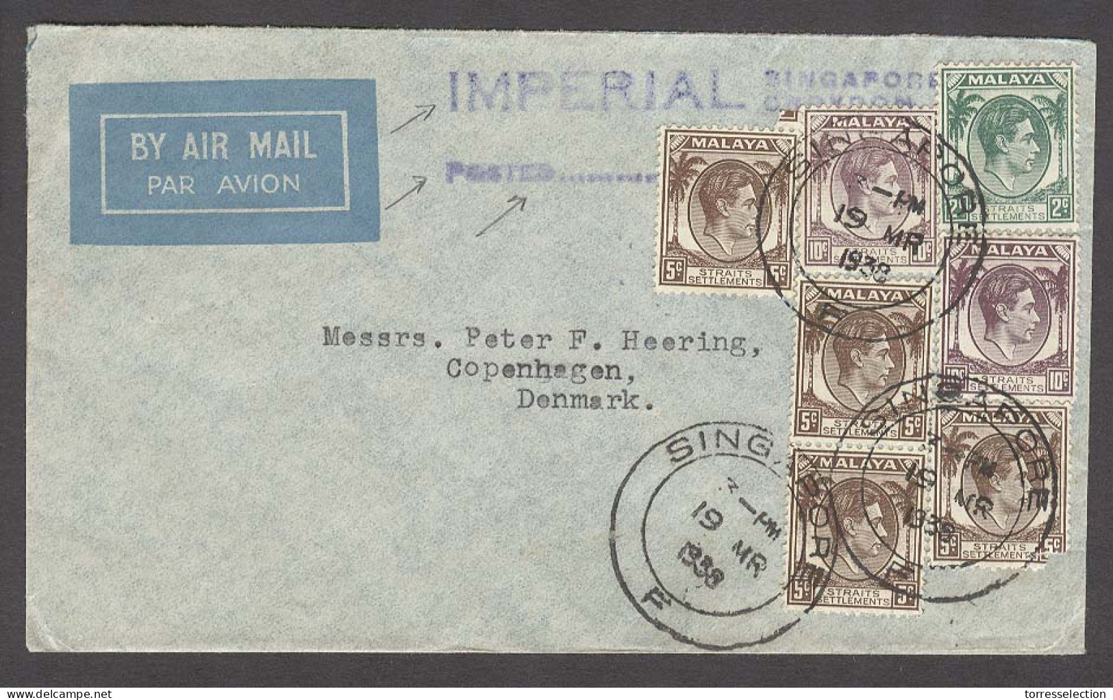 STRAITS SETTLEMENTS SINGAPORE. 1938 (19 Mar). Sing - Denmark. Air Multi Env Violet Cachet Imperial Singapore / Croydon / - Singapore (1959-...)