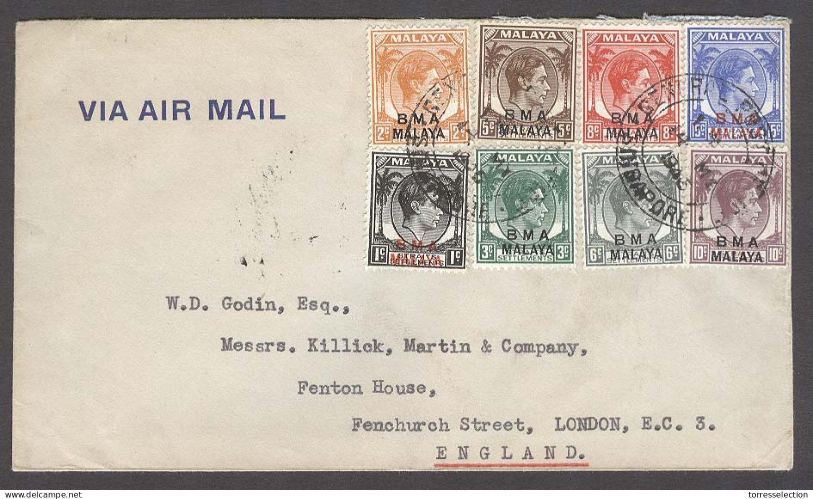 STRAITS SETTLEMENTS SINGAPORE. 1946 (14 May). Central Post Centre / Singapore. Air Malaya / BMA Multifkd Env. 50c Rate V - Singapore (1959-...)