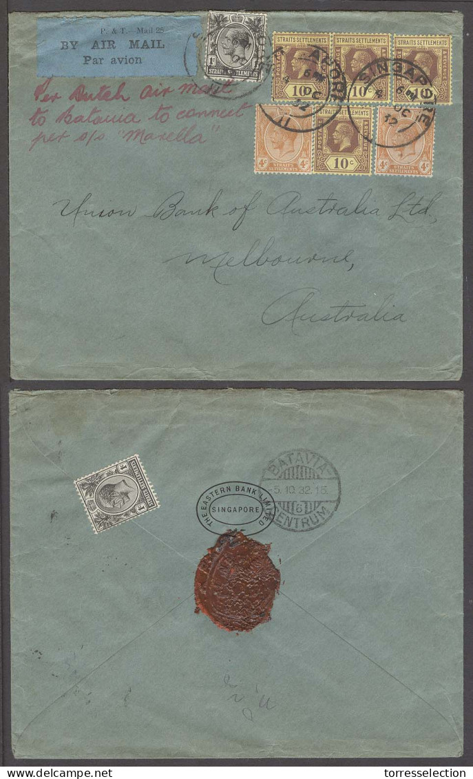 STRAITS SETTLEMENTS SINGAPORE. 1932 (4 Oct). Sing - Australia. Air Multifkd Env 50cts Rate Air Cover Via Dutch Mail To B - Singapore (1959-...)