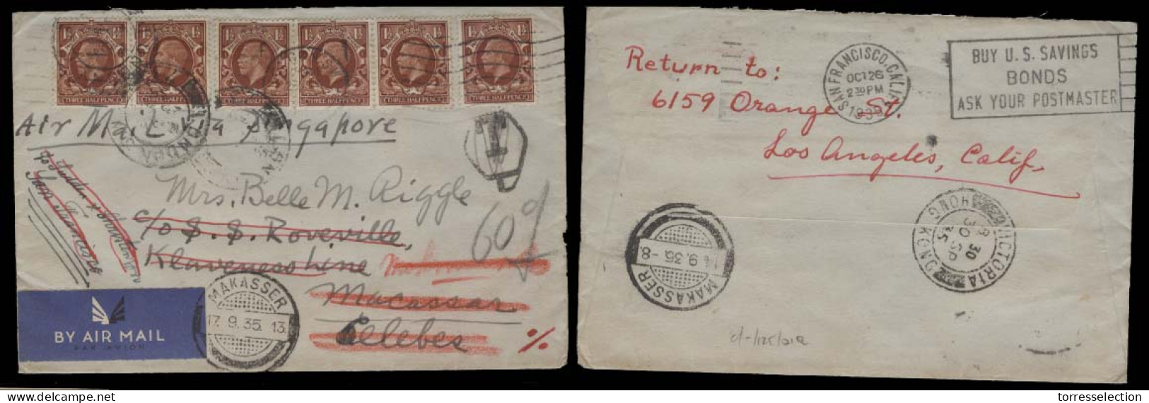 STRAITS SETTLEMENTS SINGAPORE. 1935 (28 Aug). Airmail To Singapore. London - Macassar / Celebes (17 Sept). Over To S Fra - Singapur (1959-...)