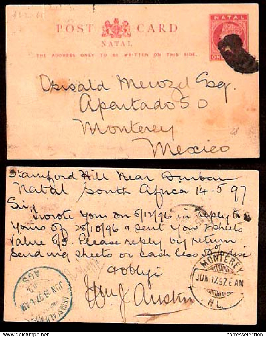 SOUTH AFRICA. 1897. NATAL. Durban - Mexico / Monterrey. 1d Stat Card. Via Aguas Calientes. Scarce Dest. - Other & Unclassified
