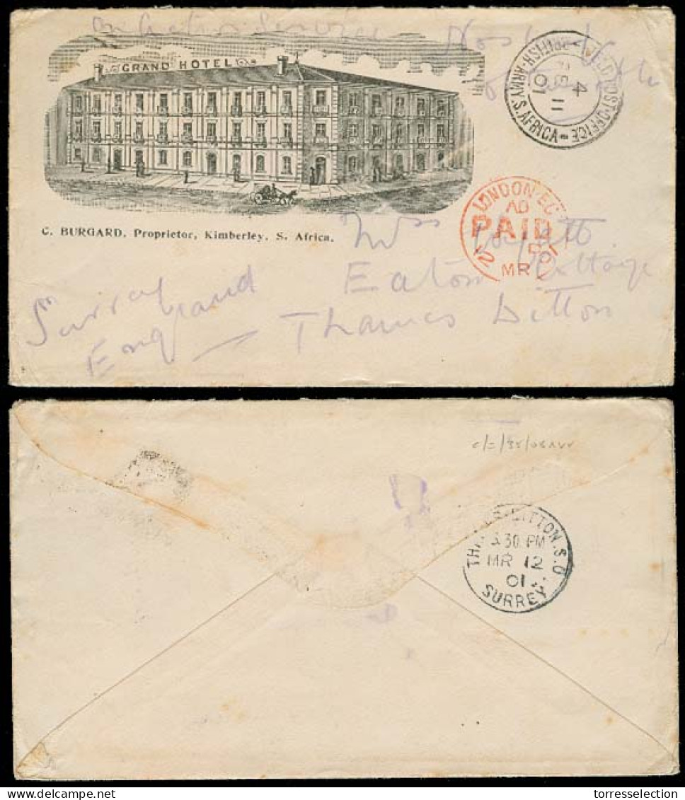 SOUTH AFRICA. 1901 (11 Feb). Boer War. FPO. Kimberley - UK (12 March 01). Ilustrated Hotel C. Burgard Env. FM. VF. - Other & Unclassified