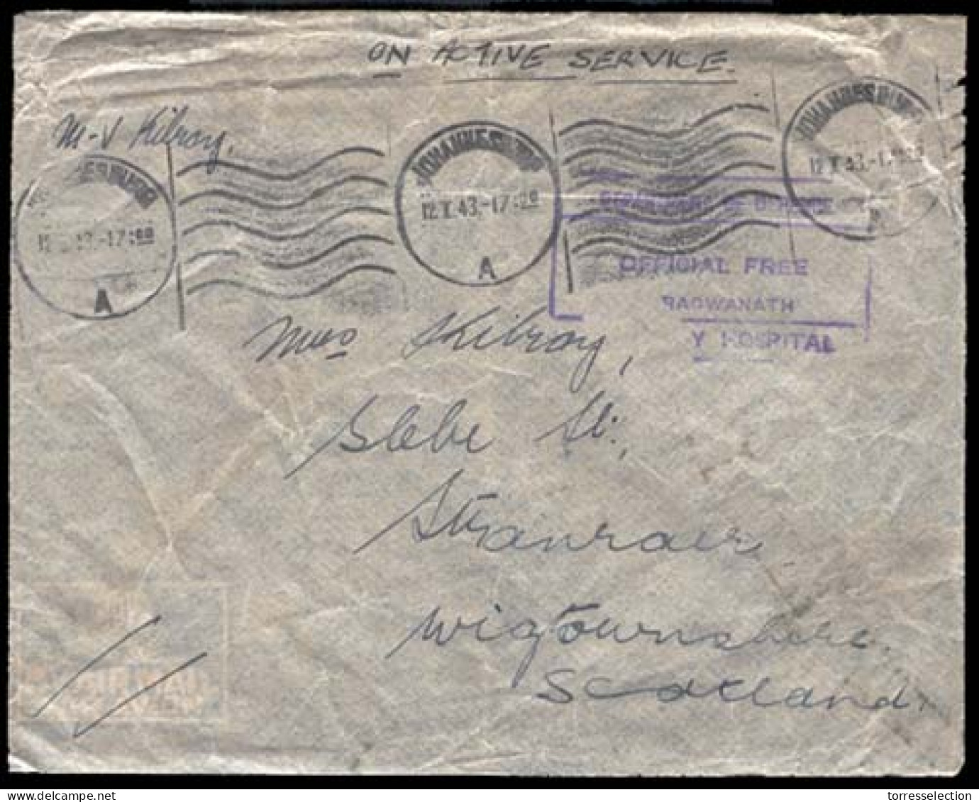 SOUTH AFRICA. 1943 (12 Feb) Ragwanath To Scotland, UK. OAS. Nice Soldiers Active Service Usage. HOSPITAL. Envelope WWII. - Other & Unclassified