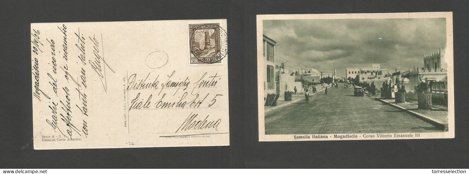 SOMALIA. 1936 (30 Oct) Italian Postal Adm. Mogadiscio - Modena, Italy. Fkd Ppc. - Somalia (1960-...)