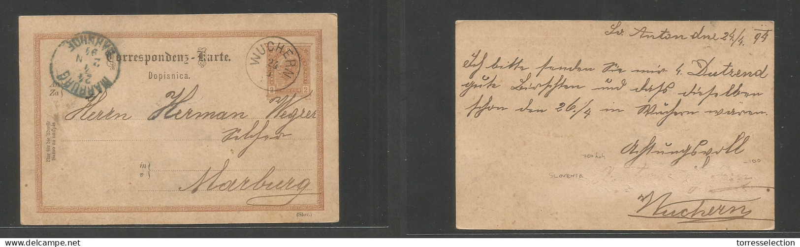 SLOVENIA. 1894 (24 Apr) Austrian Postal Admin. San Anton Due, Wuchern - Marburg (24 Apr) 2 Kr Brown Stat Env, Depart Cds - Slovénie