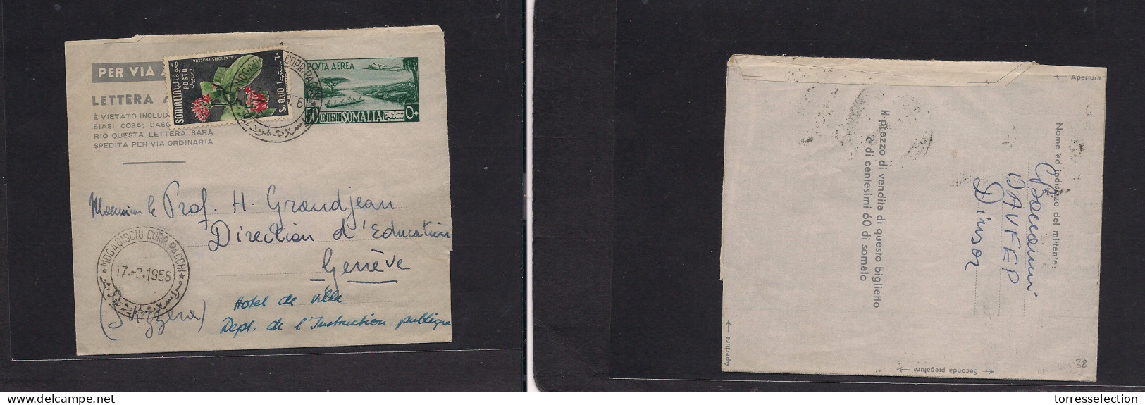 SOMALIA. 1956 (17 Feb) Mogadiscio - Geneva, Switzerland. 50c Green Air Stat Lettersheet + Adtl, Tied Cds. Very Scarce Us - Somalia (1960-...)