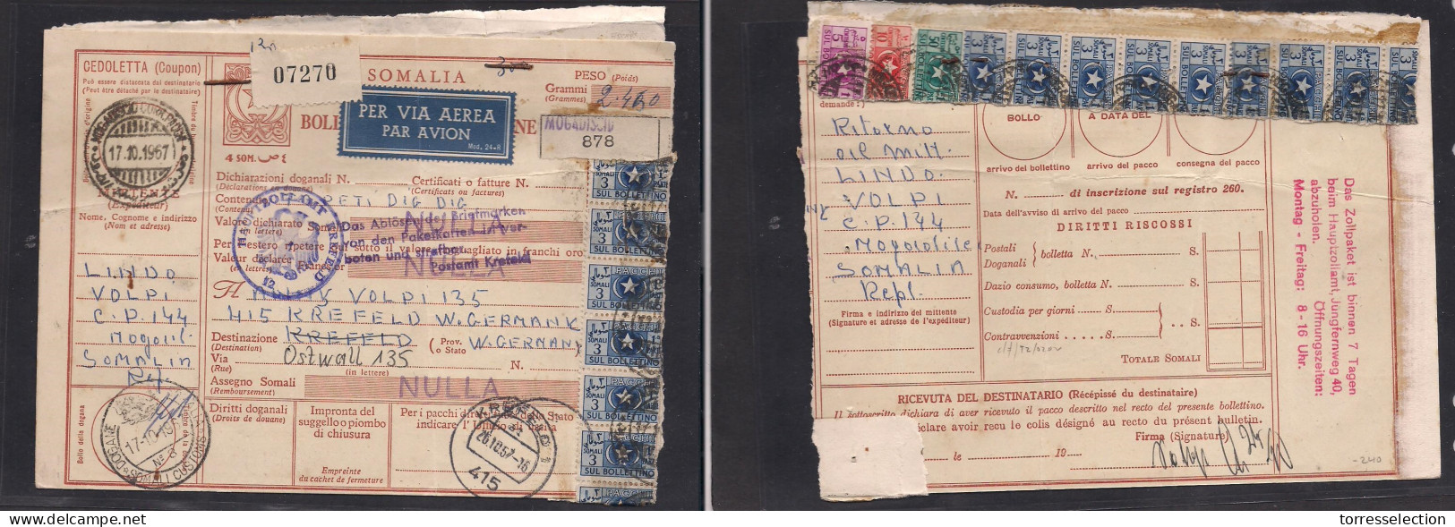 SOMALIA. 1967 (17 Oct) Mogadiscio - West Germany Krefeld (26 Oct) Registered Air Multifkd 4 Som Stationary Package Card  - Somalia (1960-...)