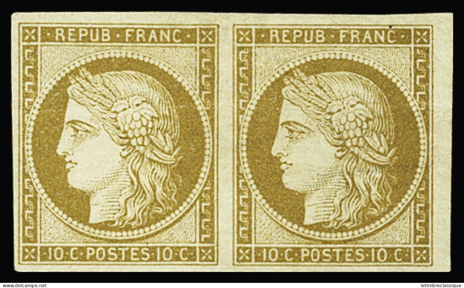 (*) N°1 10c Bistre-jaune, En Paire Bien Margée, Neuf Sans Gomme, Un Minuscule Trou D'épingle Et Infime Pelurage, Sinon T - 1849-1850 Ceres