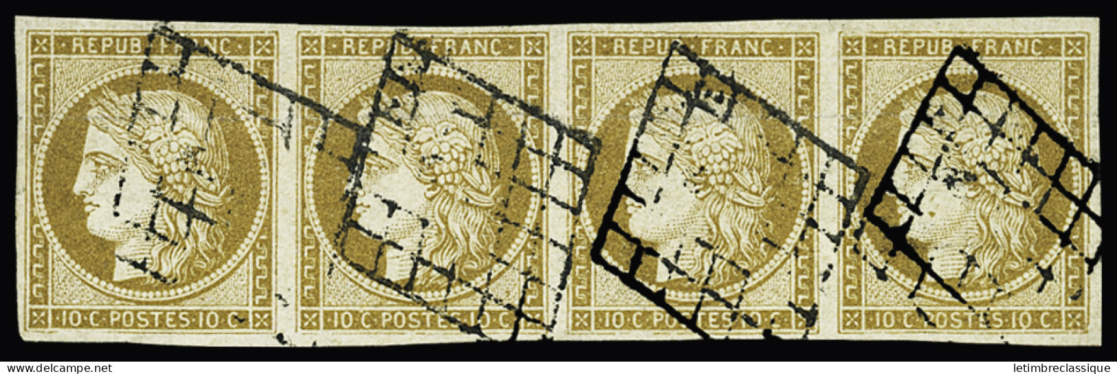 Obl N°1 10c Bistre-jaune, Exceptionnelle Bande De Quatre, Obl. Grille, TTB, R - 1849-1850 Ceres