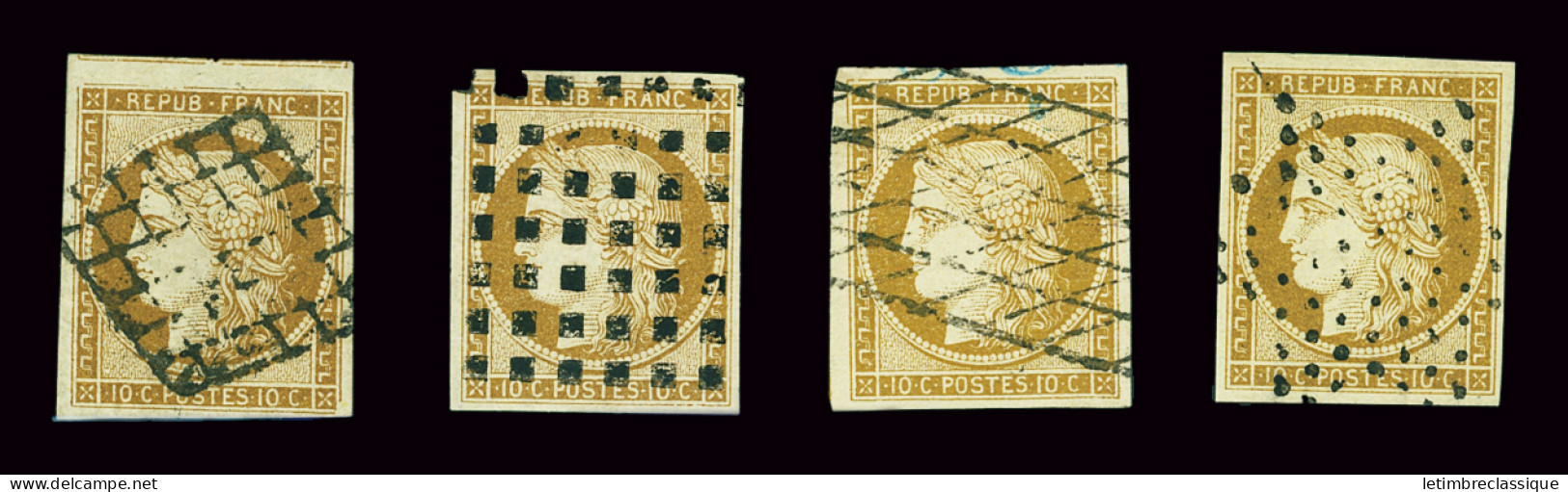 Obl N°1 10c Bistre En 5 Ex. Avec Oblitérations Différentes : Grille, Grille Sans Fin, étoile, Gros Points, PC 2213 (Le M - 1849-1850 Ceres