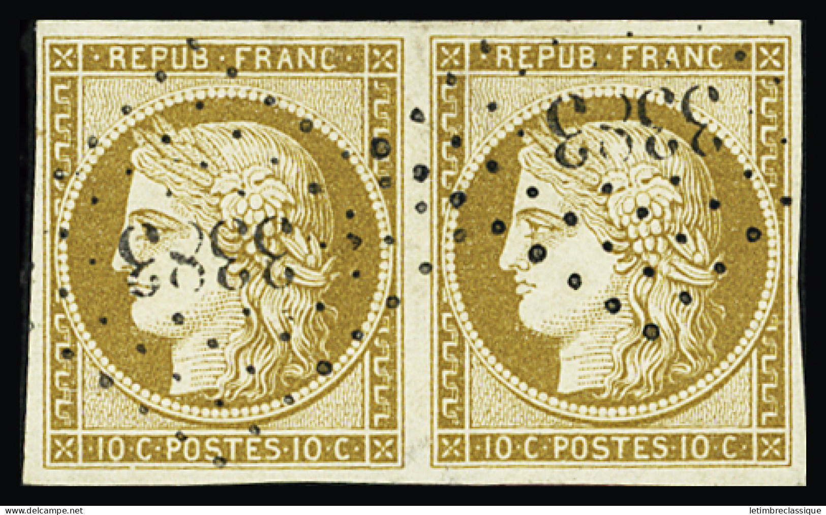 Obl N°1 10c Bistre-jaune En Paire Avec Obl. PC 3383 (Toulouse, Haute-Garonne), TB. Signé A. Brun - 1849-1850 Ceres