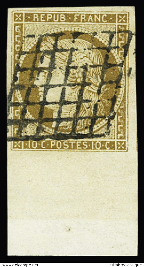 Obl N°1 10c Bistre-jaune, Superbe Exemplaire Avec Bord De Feuille Montrant Le Fond De Sûreté, Obl. Grille, TTB. Signé Ca - 1849-1850 Ceres