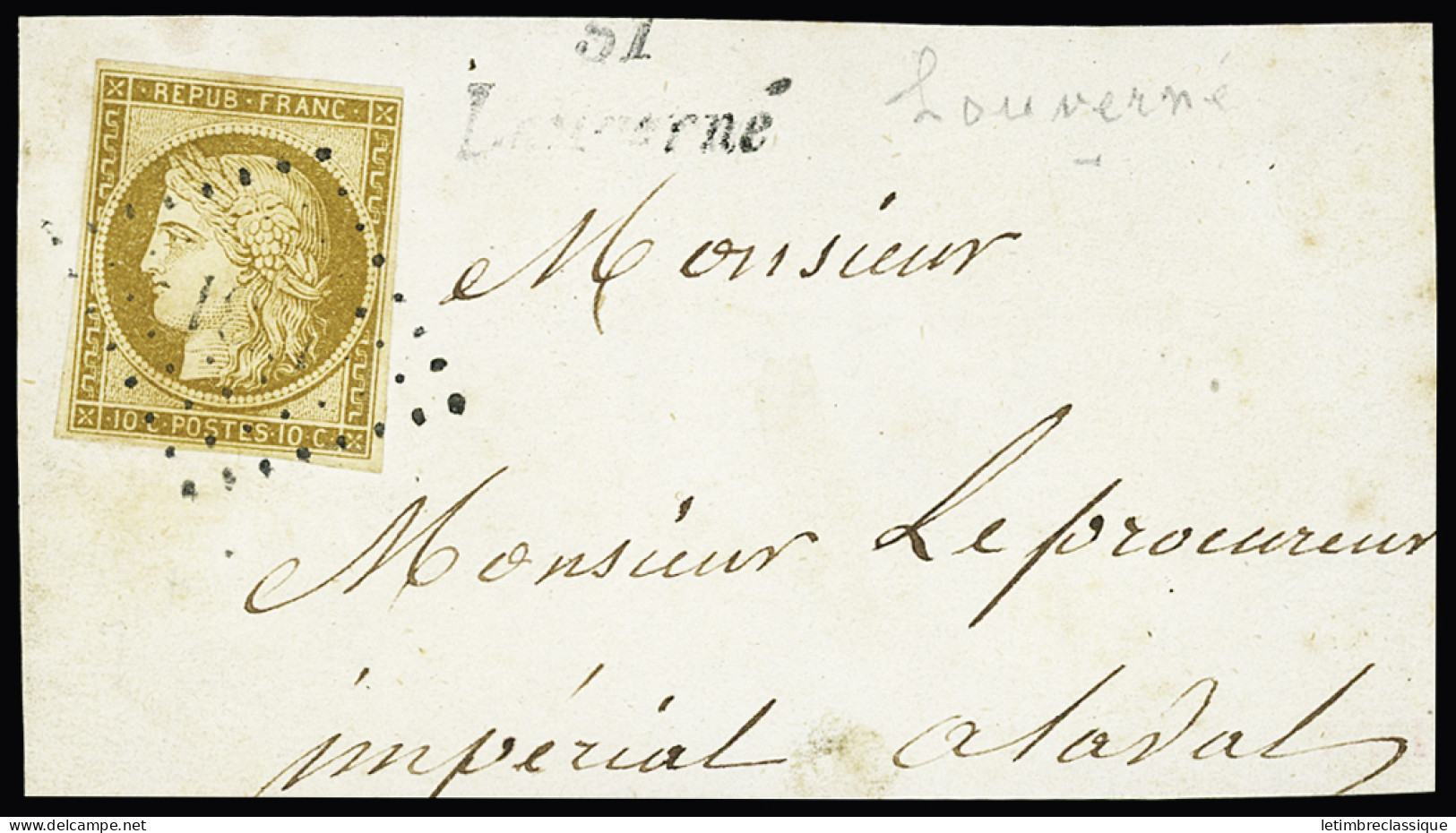 Obl,sur Fragment N°1 10c Bistre-jaune, Bien Margé, Obl. PC Sur Fragment Avec Cursive "51 Louverné", Mayenne, TB - 1849-1850 Ceres