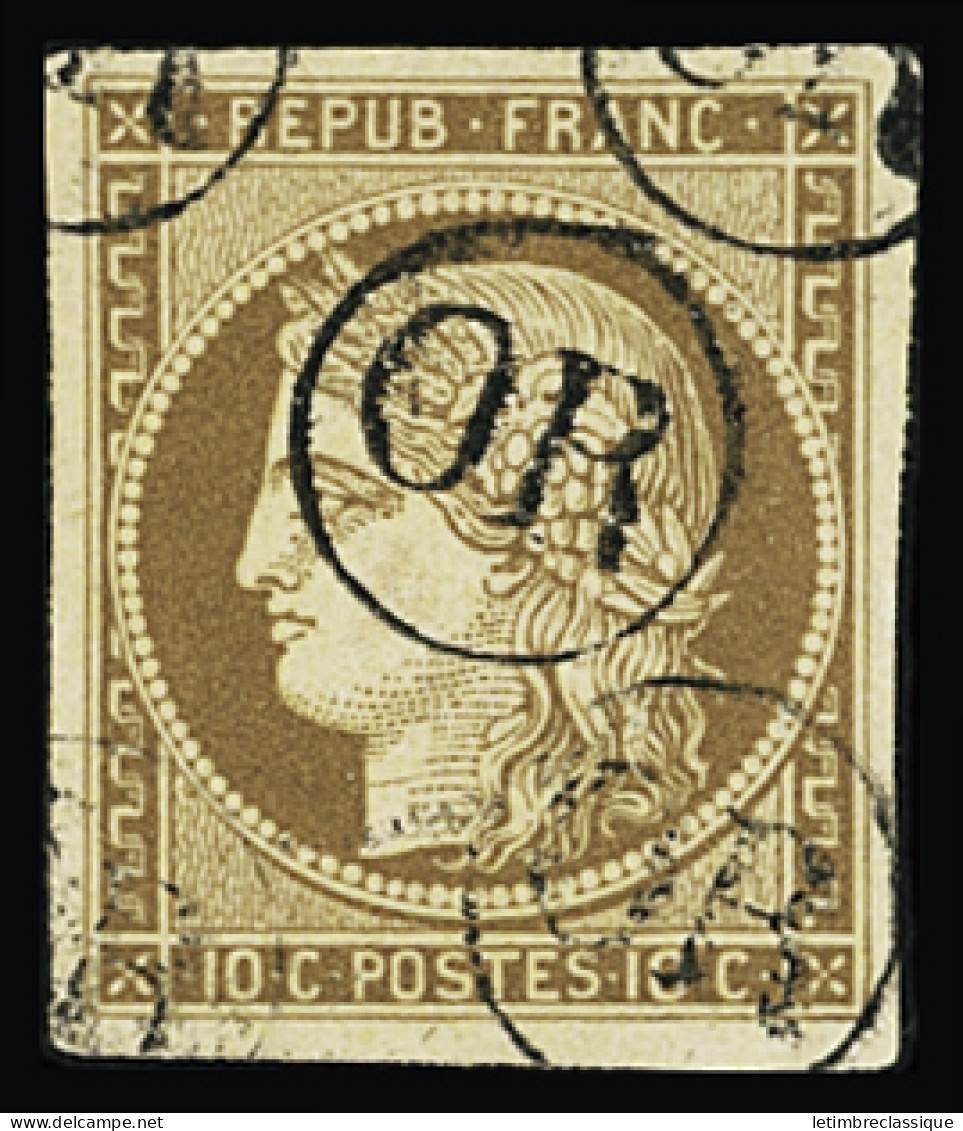 Obl N°1 10c Bistre-jaune Avec 5 Cachets "OR", Replaqué, Sinon TTB D'aspect - 1849-1850 Ceres