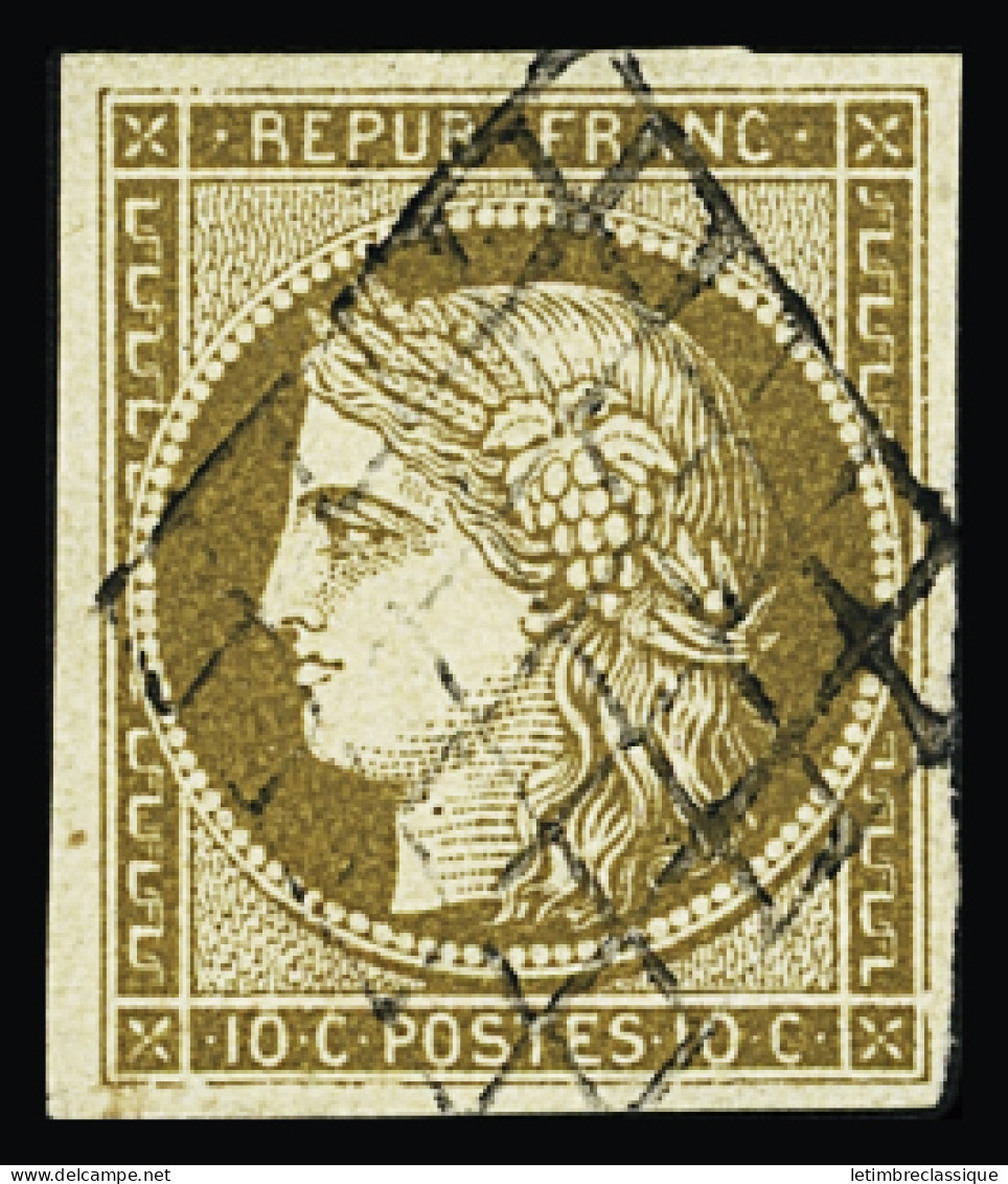 Obl N°1 10c Bistre-jaune, Obl. Grille, TB - 1849-1850 Ceres