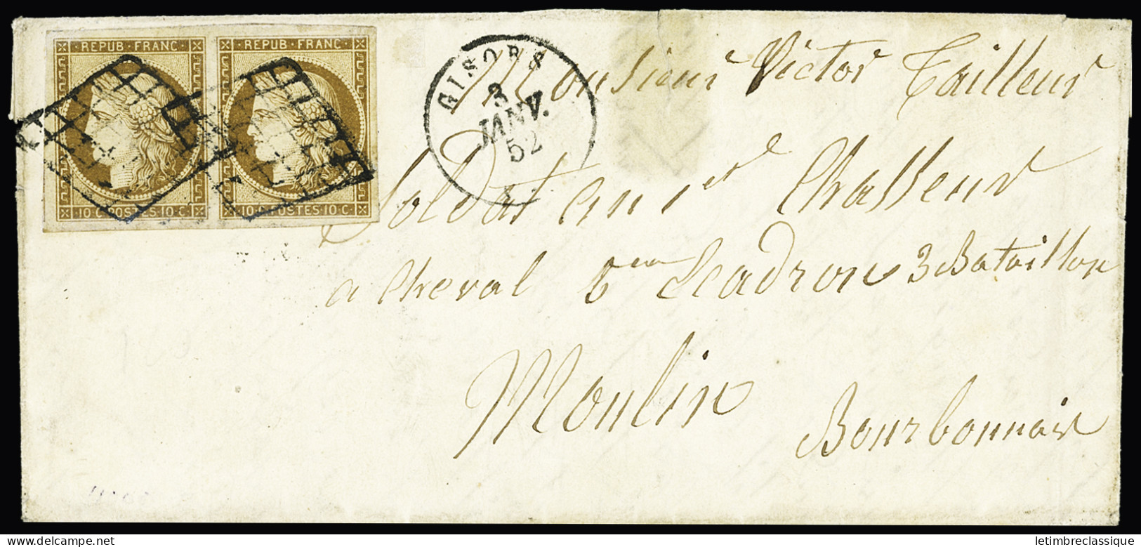 Lettre N°1 En Paire Avec Belles Marges OBL Grille + T15 Gisors Eure (1852) Sur Lettre, TB - 1849-1850 Cérès