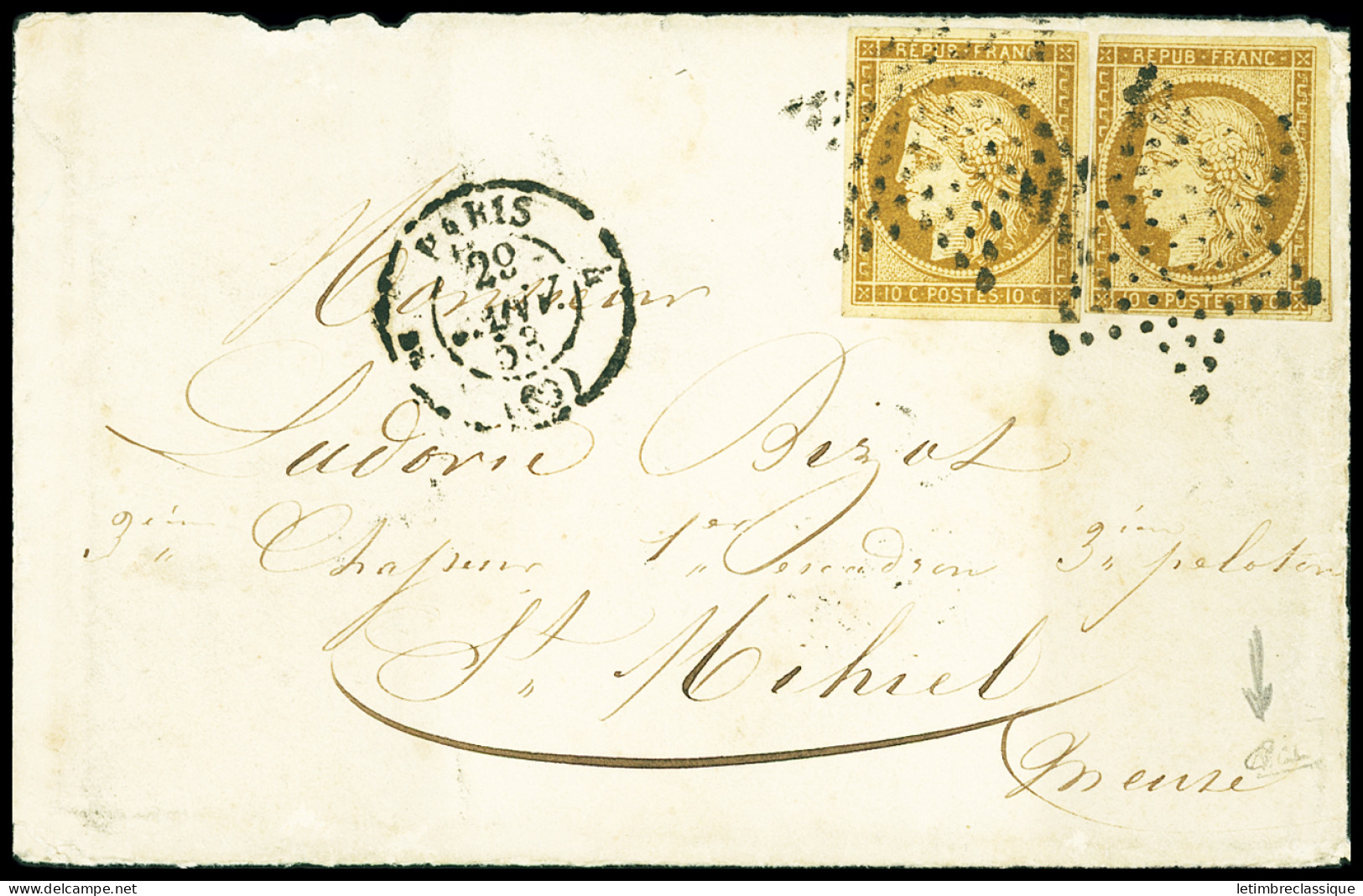 Lettre N°1 10c Bistre-jaune, 2 Pièces (1 Ex Leg Touché), OBL étoile Muette + CAD "3e Paris 4" (1853) Sur Lettre Pour Sai - 1849-1850 Cérès