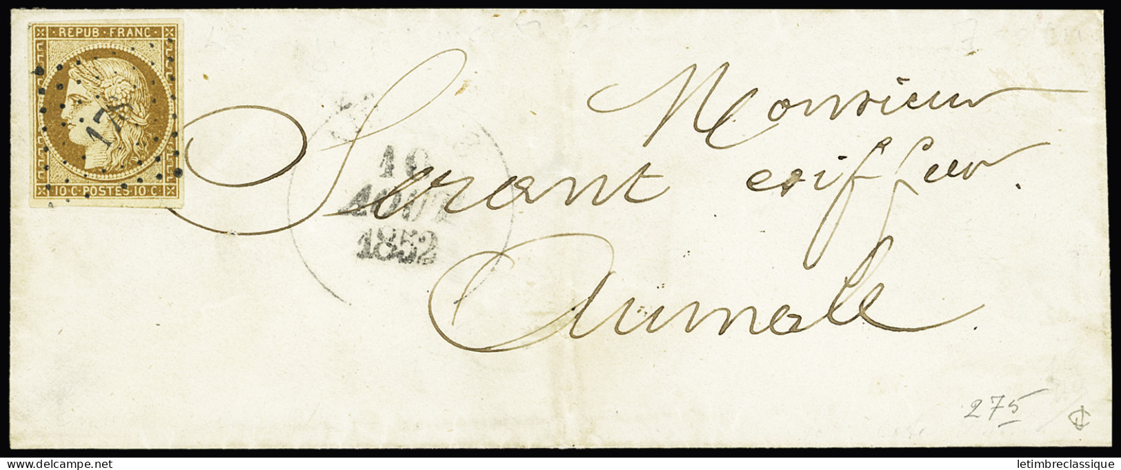 Lettre N°1 10c Bistre-jaune  Sur Lettre Locale, Obl. PC 178 (Aumale, Seine-Inférieure) Et CàD T13 Du 10 Août 1852 (faibl - 1849-1850 Cérès