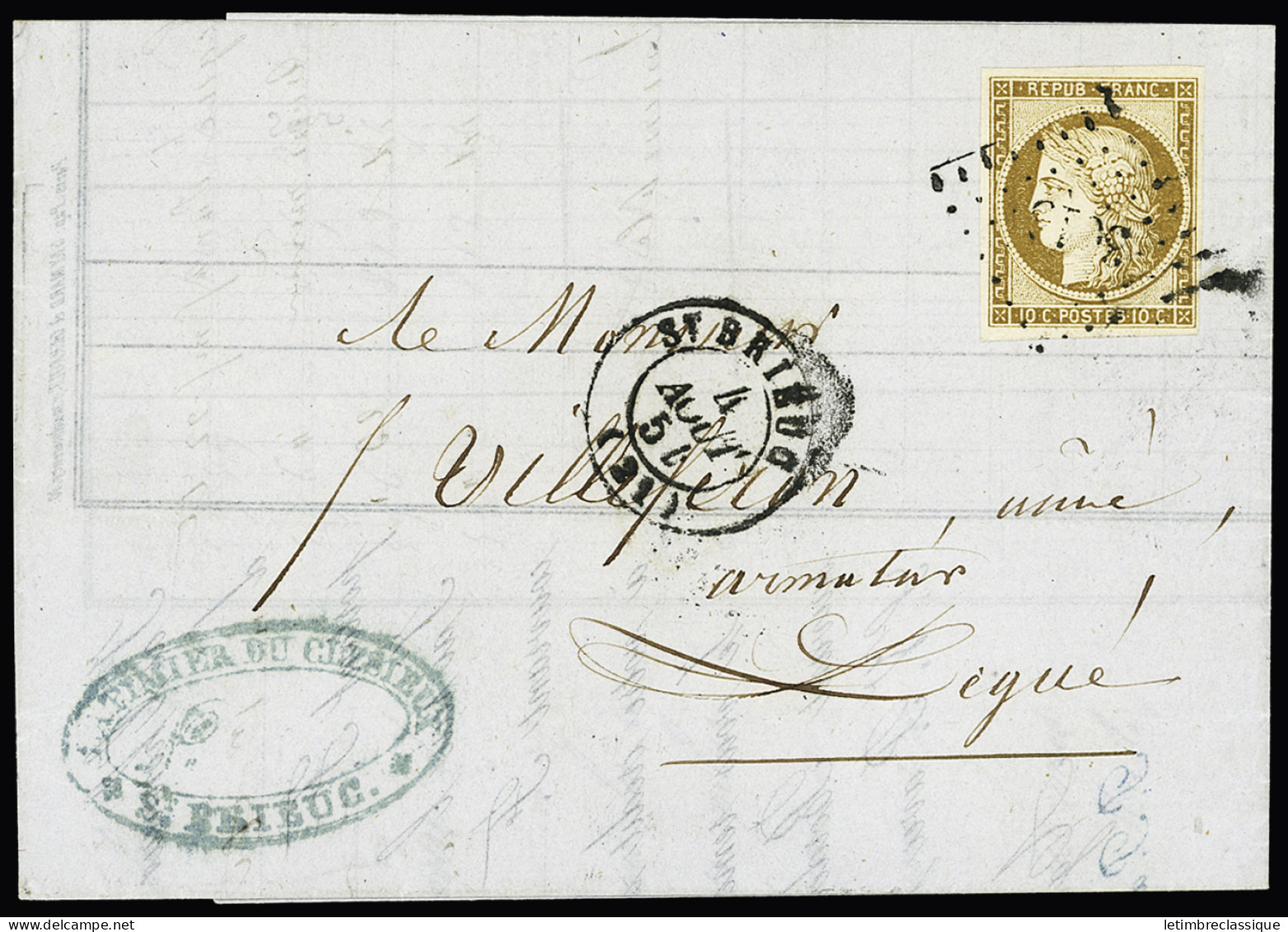 Lettre N°1 10c Bistre, Obl. PC 3015 (Saint-Brieuc, Côtes-du-Nord) Sur Lettre Du 4 Août 1854 Pour Légué, TTB - 1849-1850 Ceres