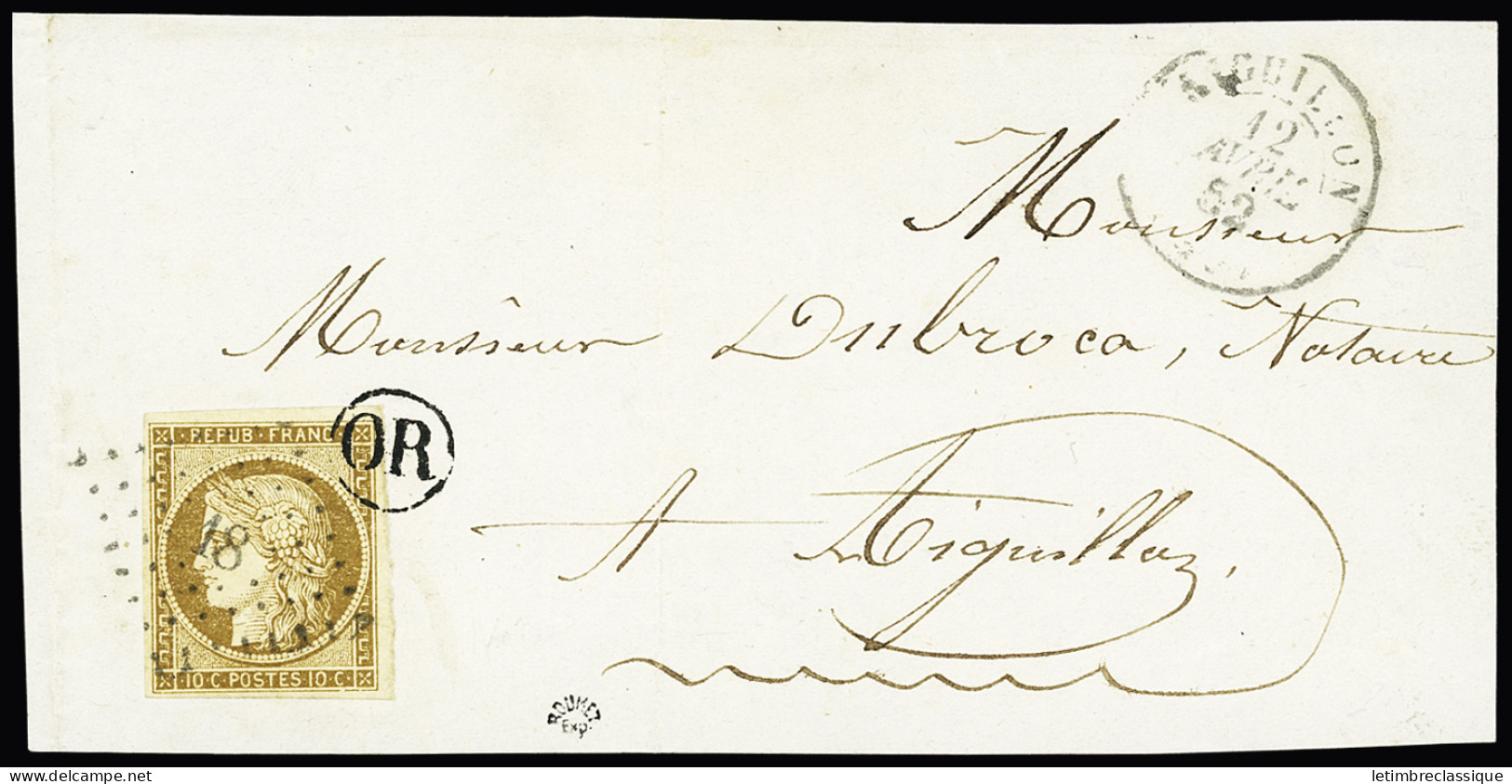 Devant De Lettre N°1 10c Bistre-jaune Obl. PC 18 (T15 12 Avril 1852 Aiguillon, Lot-et-Garonne) ET Cachet OR, Sur Devant  - 1849-1850 Cérès