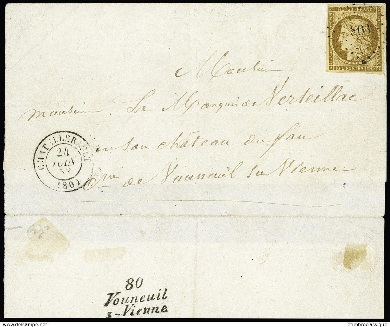 Lettre N°1a 10c Bistre-brun Obl. PC 803 +T15 Chatellerault (80) Sur Lettre Locale 1853 Avec Cursive 80 Vouneuil S-Vienne - 1849-1850 Cérès